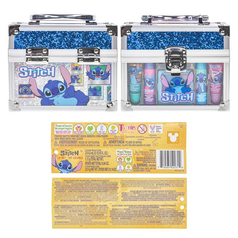 Disney Stitch Beauty Mini Train Case Set Includes Lip Gloss Tube, Lip Balm, Lip Gloss Compact for Girls Parties, Sleepovers by Townley Girl