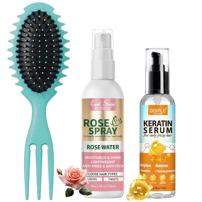 Rosewater Spray and Keratin Serum for Smooth, Frizz-Free Hair - Curl Defining Brush for Shaping Curls, Hair Care Locks Blend Daily