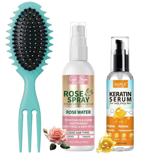 Rosewater Spray and Keratin Serum for Smooth, Frizz-Free Hair - Curl Defining Brush for Shaping Curls, Hair Care Locks Blend Daily