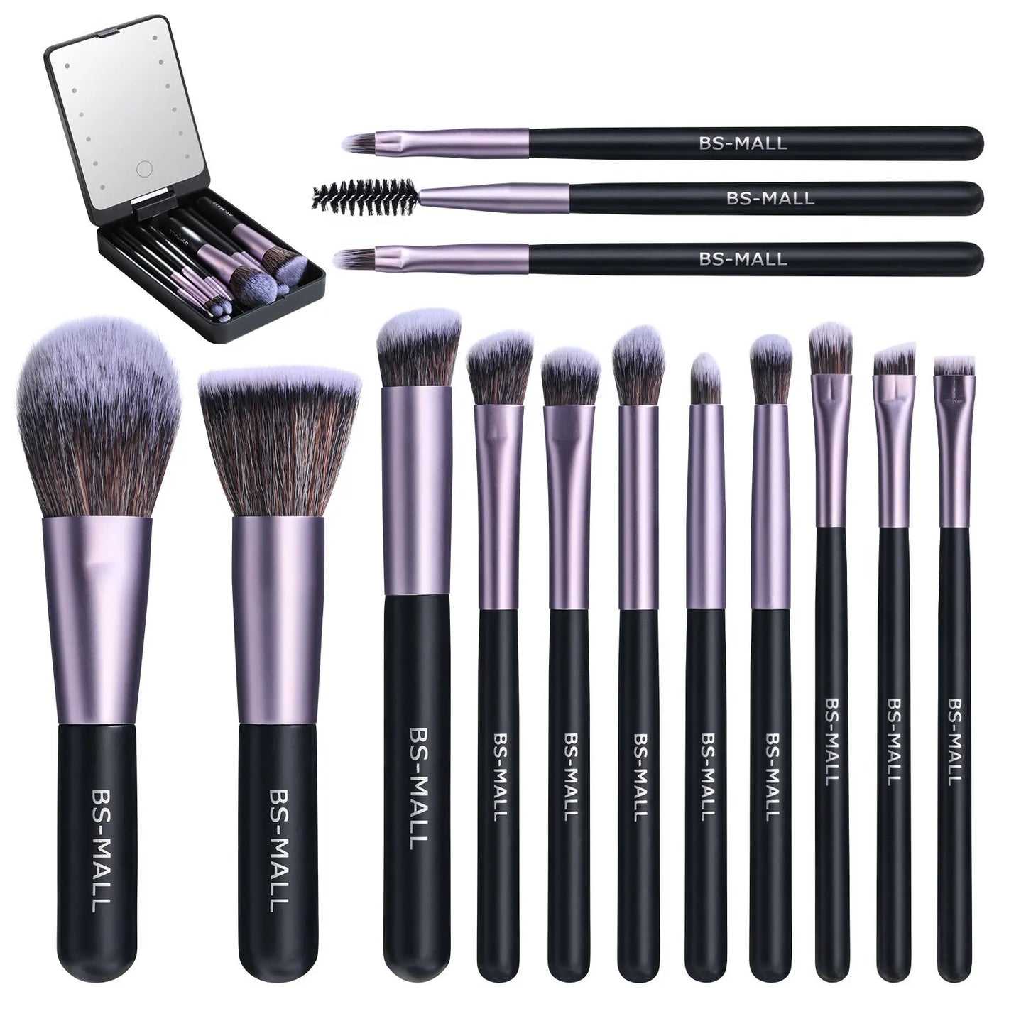 Portable 14-Piece Makeup Brush Set with Usb Rechargeable Mirror
