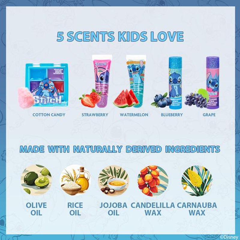 Disney Stitch Beauty Mini Train Case Set Includes Lip Gloss Tube, Lip Balm, Lip Gloss Compact for Girls Parties, Sleepovers by Townley Girl