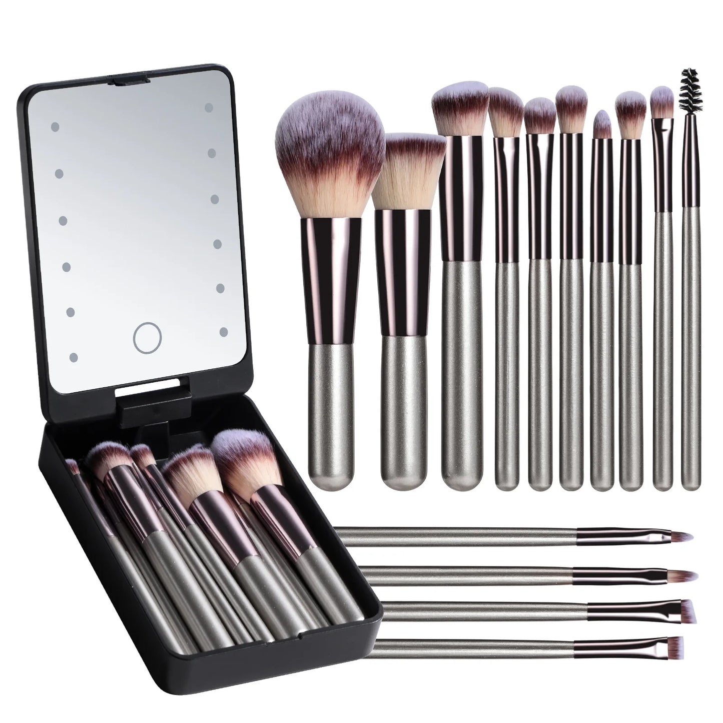 Portable 14-Piece Makeup Brush Set with Usb Rechargeable Mirror