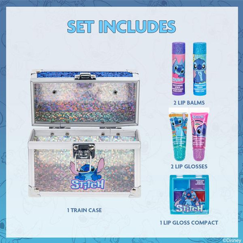 Disney Stitch Beauty Mini Train Case Set Includes Lip Gloss Tube, Lip Balm, Lip Gloss Compact for Girls Parties, Sleepovers by Townley Girl