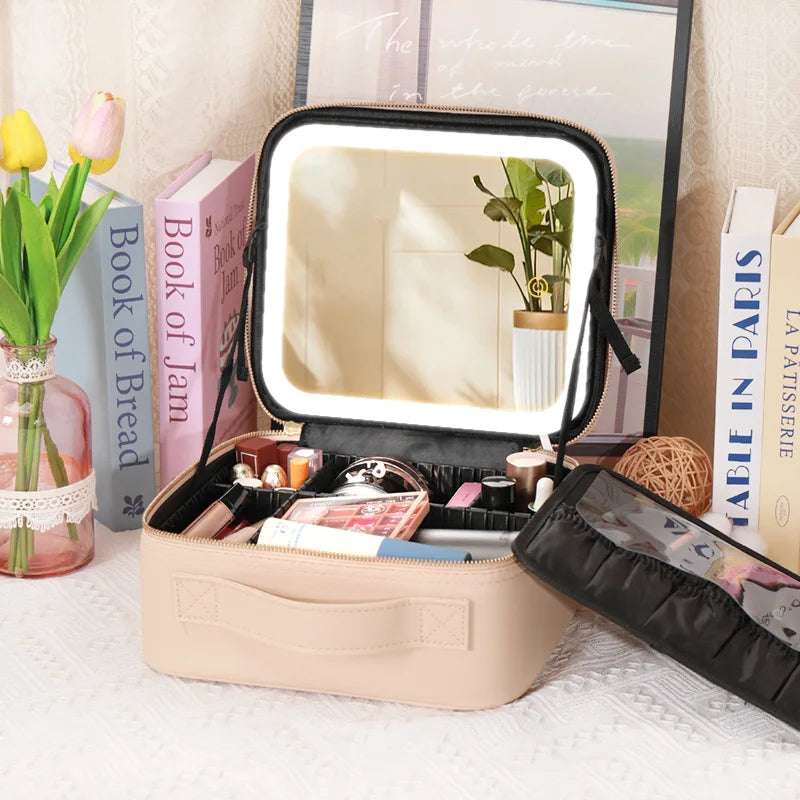 Cosmetic Portable Travel Storage Box with 2000Mah Led Rechargeable Vanity Bags Makeup Case with Led Light Mirror