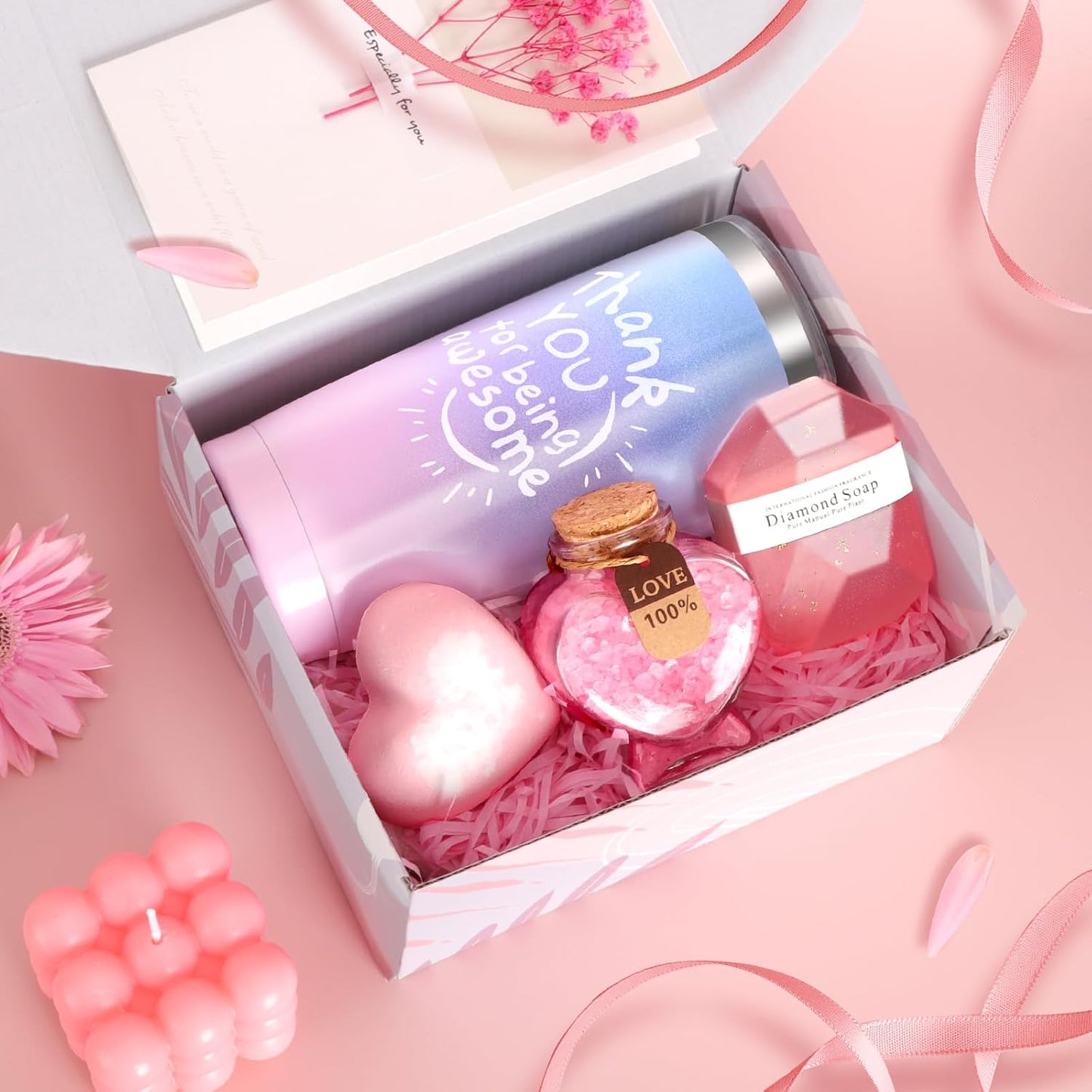 Birthday Gifts, Thank You, and Mothers Day Gifts for Women-Pink Rose Spa Gift Basket Set