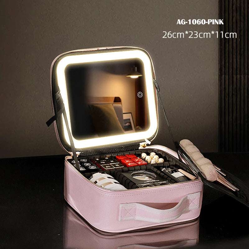 Cosmetic Portable Travel Storage Box with 2000Mah Led Rechargeable Vanity Bags Makeup Case with Led Light Mirror