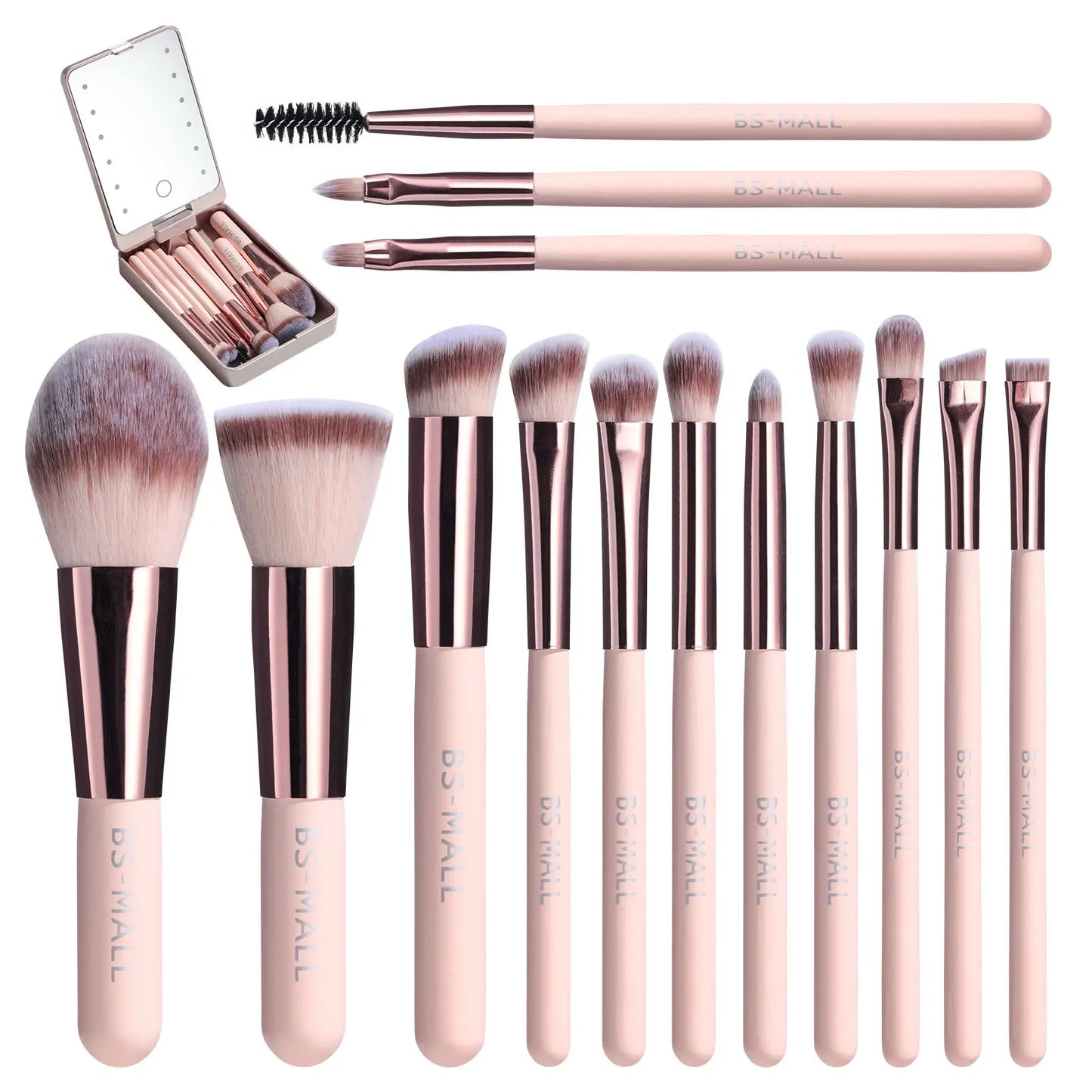 Portable 14-Piece Makeup Brush Set with Usb Rechargeable Mirror