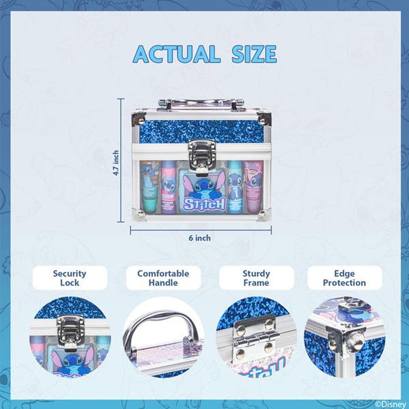 Disney Stitch Beauty Mini Train Case Set Includes Lip Gloss Tube, Lip Balm, Lip Gloss Compact for Girls Parties, Sleepovers by Townley Girl
